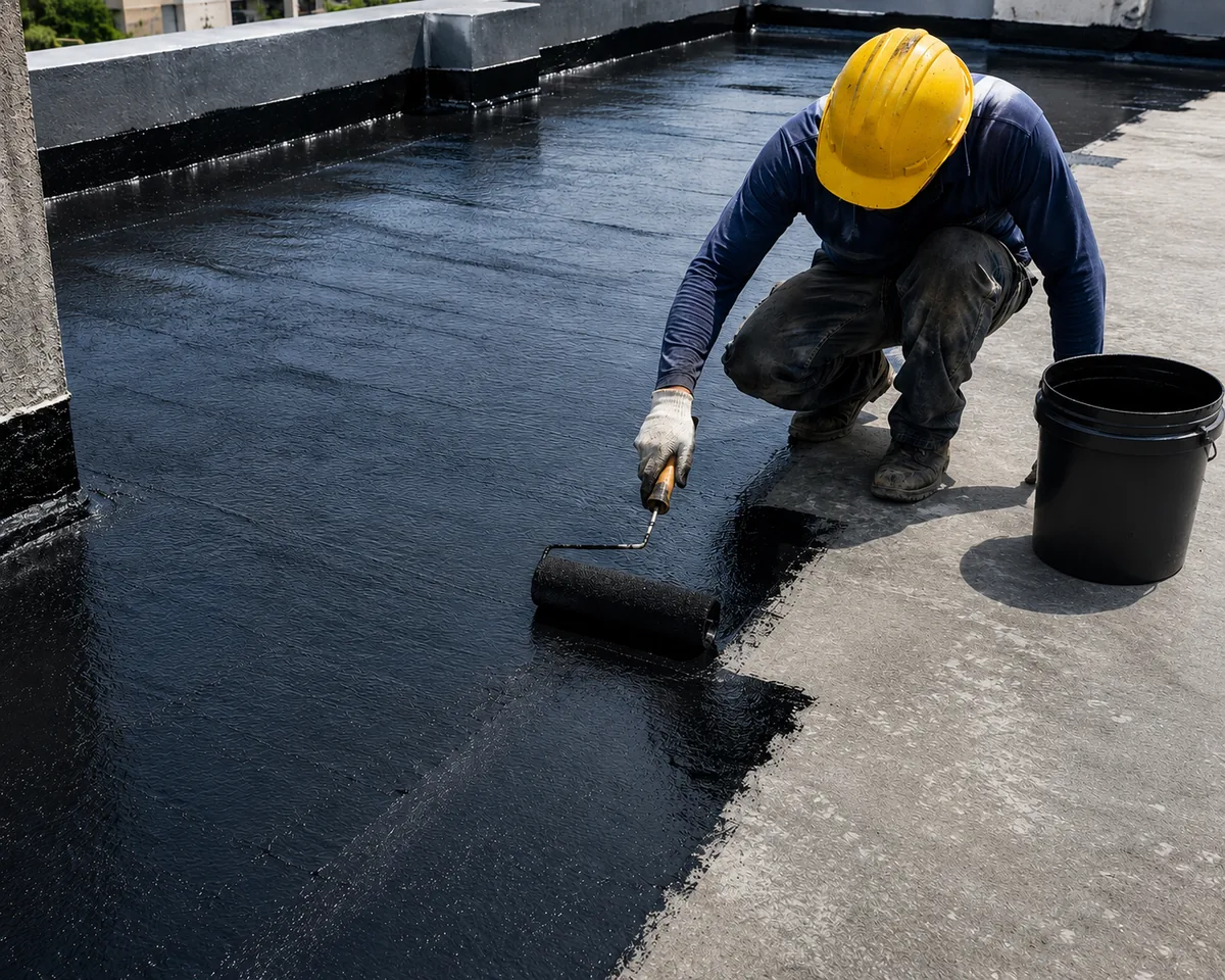 Waterproofing coating being applied to a prepared surface