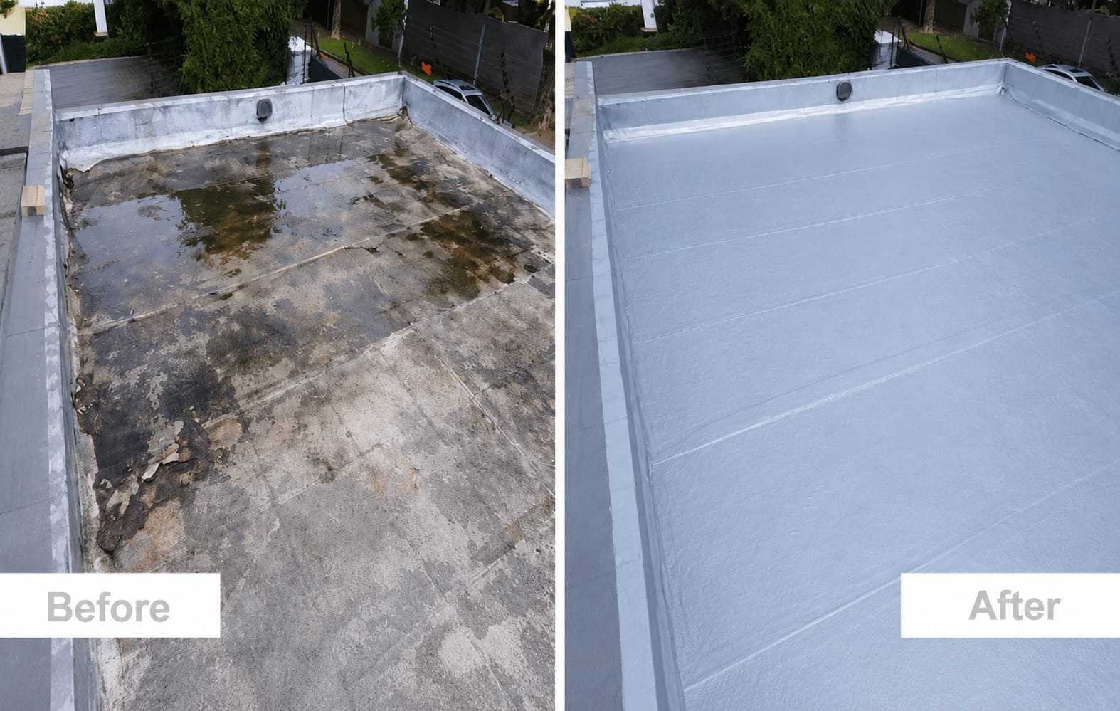Concrete slab before and after torch-on and silver paint waterproofing