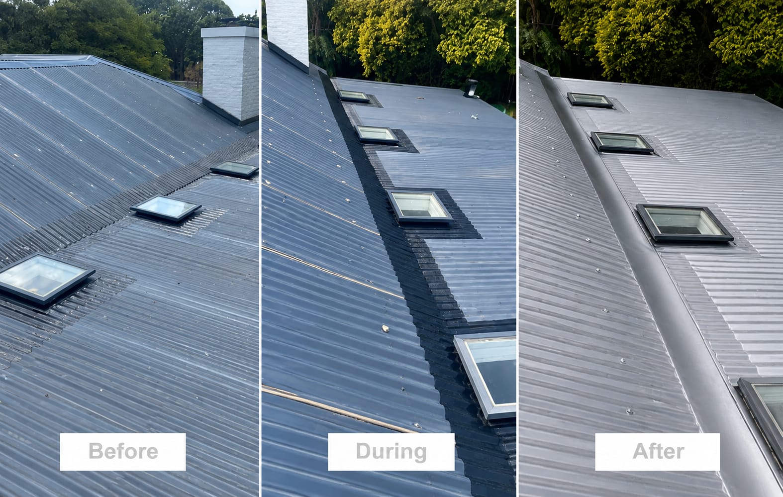 Corrugated roof before, during, and after overlaps and bolts waterproofing