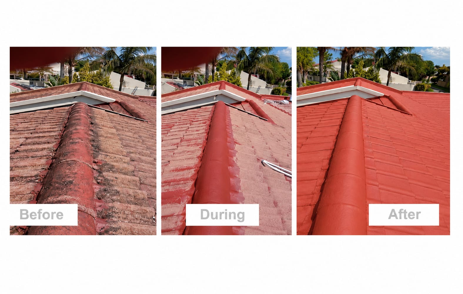 Tiled roof ridge caps before, during, and after coating