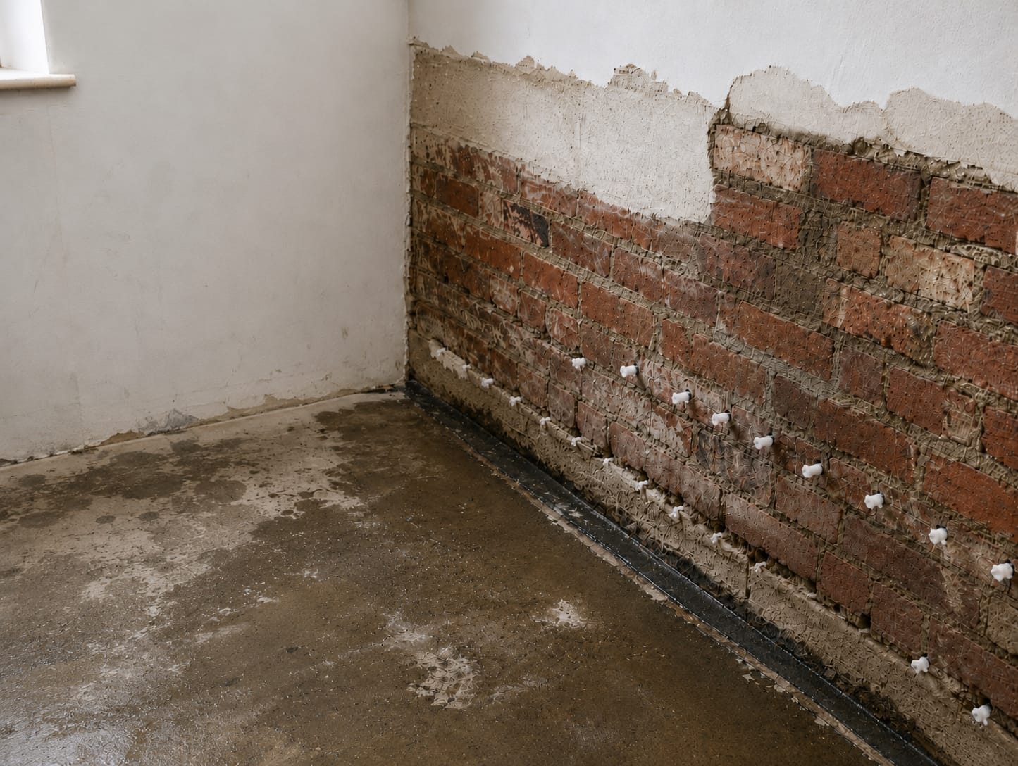 Injection waterproofing plugs installed in a brick wall